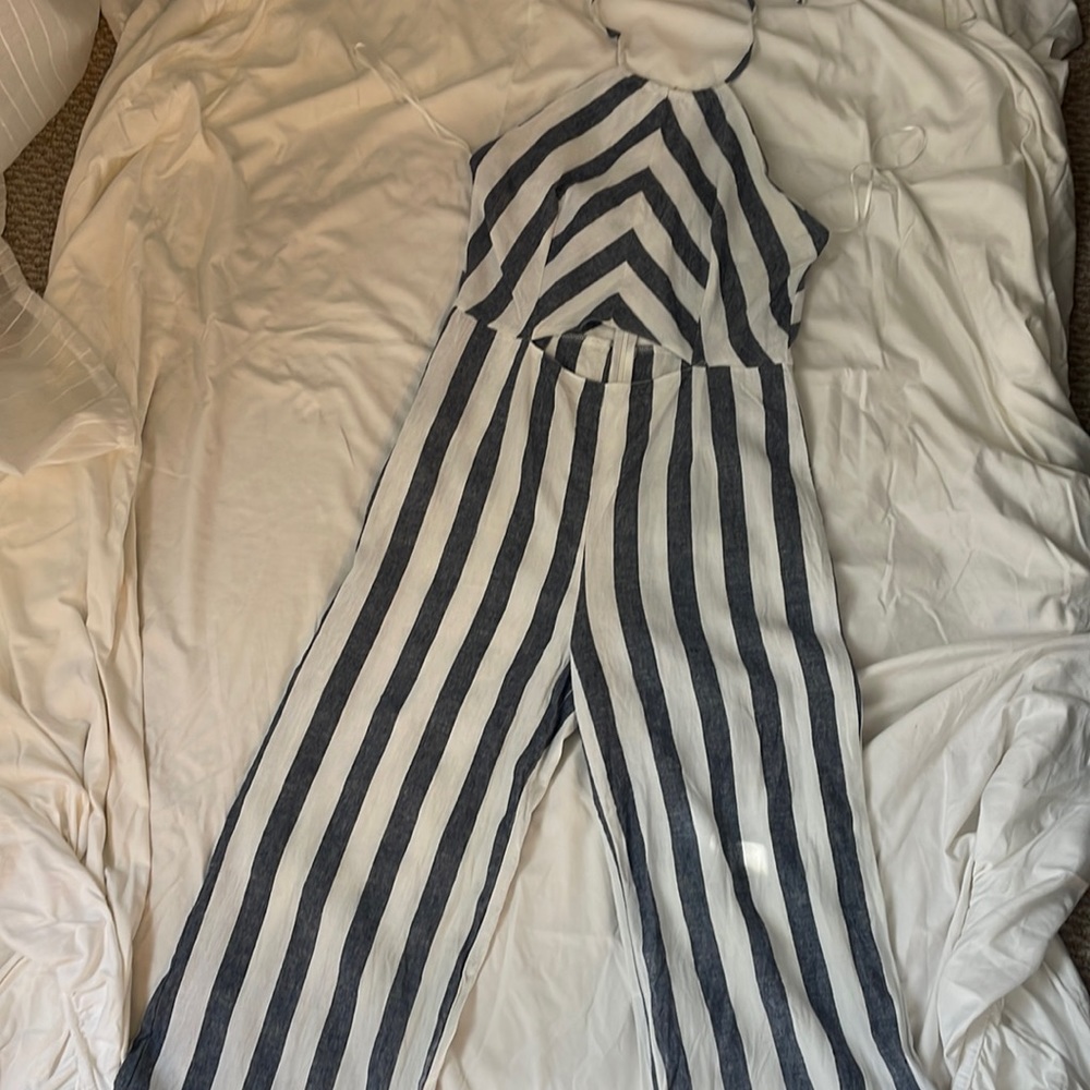 Olivia + James white and blue halter jumpsuit. Linen. Size L. Cut out.